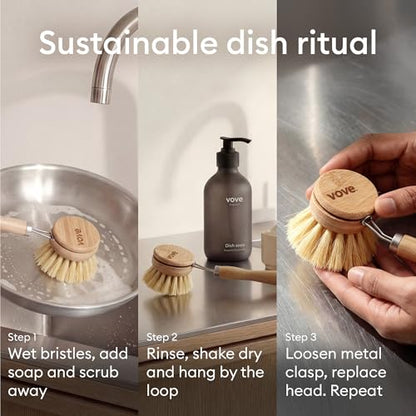Vove Bamboo Dish Brush with 3 Replacement Heads, Natural Fiber Bristles - style: Brush set - Handle & 3 Replacement Heads