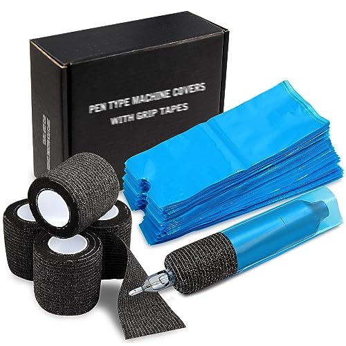 Pen Machine Covers and Grip Tapes 200pcs Tattoo Machine Covers with 4pcs Grip Wrap Cover 7.5 x 2.7" Tattoo Pen Sleeves Self adhesive Tape Tattoo Pen Bags Tattoo Supplies - color: Blue, Black