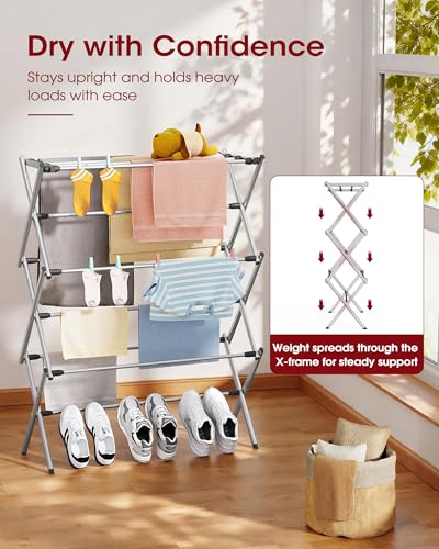 Sakugi Foldable 3-Tier Clothes Drying Rack 37.4" H with Non-Slip Feet - color: Silver, size: 3 Tier Standard