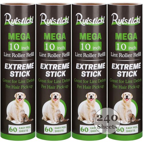 10 inch Lint Roller Refill Compatible with Large Mega 10 in Wide Lint Rollers, Pack of 4 Refills, 60 Sheets per Refill, Total 240 Extreme Stick Sheets - size: 4-PACK