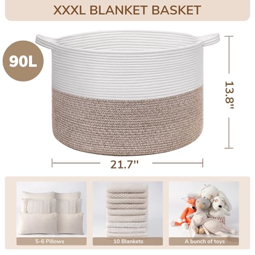 INDRESSME XXXLarge Woven Rope Blanket Basket Living Room Brown, 90L - color: White & Brown, size: 21.7"D x 13.8"H