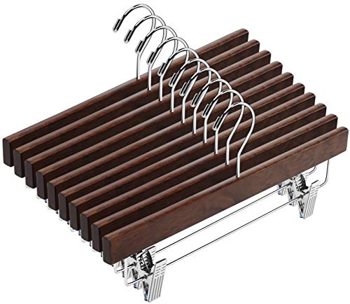AMKUFO 20pcs Wooden Pants Hangers Solid Pants Hangers with Adjustable Clips 14 Inch Walnut Wood Skirt Hangers Trousers Bottom Hanger with Non-Slip Clips and 360° Swivel Hook - color: Walnut