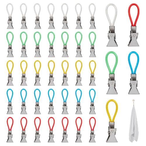 FINGERINSPIRE 40Pcs Tea Towel Clips 2.07~2.13inch Long 5 Colors Stainless Steel Towel Clips with Plastic Loops Multi-Color Kitchen Towel Hanging Clip for Bedroom, Bathroom, Kitchen, Cupboard