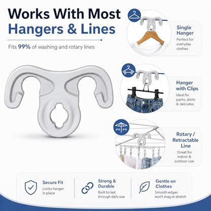40 Pcs Clothesline Hanger Hooks, Windproof Hanger Hook Ups for Outdoor Clotheslines, Strong Grip ABS Laundry Hooks for Clothes Hangers, No Clothespin Marks, Fits Retractable and Rotary Clotheslines