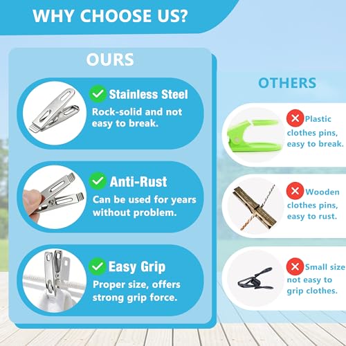 50 Pack Clothes Pins, Stainless Steel Clothespins Metal Clothes Pegs Laundry Pins Heavy Duty for Outdoor Home Kitchen Travel Office - color: Silver-b