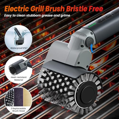 Electric Grill Brush for Outdoor Grill,150Mins Runtime BBQ Grill Cleaner with 3 Heads,3-Speed Control&Angle Adjust,Safe for Cast Iron/Stainless-Steel Grates,Ideal BBQ Gifts for Men/Dad