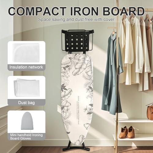 Ironing Board,Foldable Ironing Board Adjustable Height Compact Iron Board Thick Steel Tube Iron Board with Holder,Replacing Cloth Cover and Mini Handheld Gloves, Gift for Women(Leaf Print)