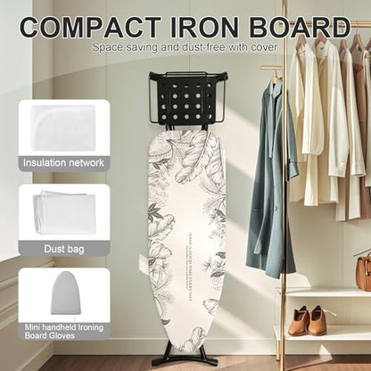 Ironing Board,Foldable Ironing Board Adjustable Height Compact Iron Board Thick Steel Tube Iron Board with Holder,Replacing Cloth Cover and Mini Handheld Gloves, Gift for Women(Leaf Print)