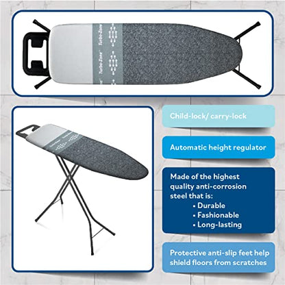 Bartnelli by Rorets Classic Ironing Board with New Patent EZ-Glide Technology, Made in Europe, Premium Iron Board with Iron Rest, 4 Layer Cover, 13x43 Surface, Height Adjustable to 36", 4 Steel Legs - color: Black/Black