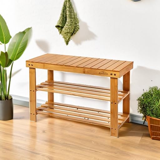 Purawood Bamboo 3 Tier Shoe Rack Bench, Premium Shoe Organizer or Entryway Bench, Perfect for Shoe Cubby, Entry Bench, Bathroom Bench, Entryway Organizer, Hallway or Living Room