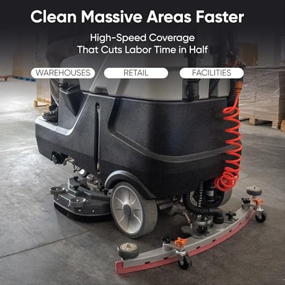 Battery Powered Ride-On Commercial Floor Scrubber Machine, 30" Brush, 39" Squeegee Width, 24 gal Solution Tank, 25 gal Recovery Tank, 5 hr Use 8 hr Charge, 180 RPM, 52,000 Sqft/H, Batteries Included - size: 30"