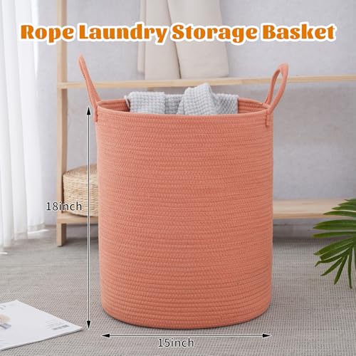 Woven Laundry Basket, Nursery Hamper, 15x15x18 Inch, Coral Pink - color: Coral Pink