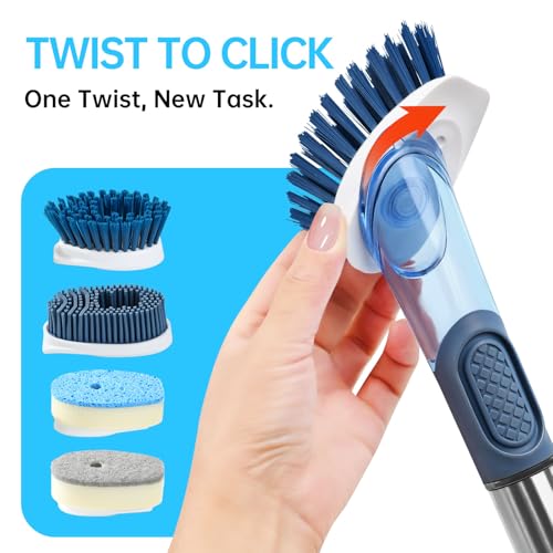Soap Dispensing Scrub Brush - 4-in-1 Kitchen Cleaning Brush with Built-in Tank, Scraper Heads for Stubborn Grime on Pots Pans, Stand/Hang Storage-Blue - color: Blue