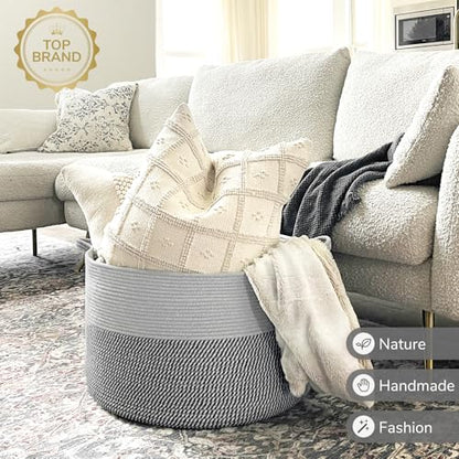 INDRESSME XXXLarge Woven Rope Blanket Basket Living Room Grey, 90L - color: Light & Dark Grey, size: 21.7"D x 13.8"H