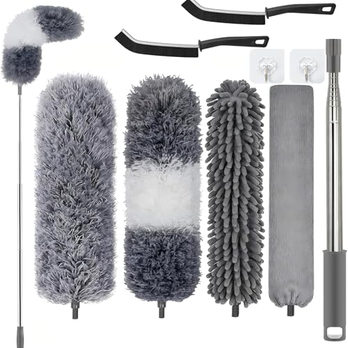 Duster with Extension Pole, Washable Cleaning Duster Kit with DusterHeads, Cobweb Duster, Corner Brush, Telescoping Pole for Ceiling Fan (9)
