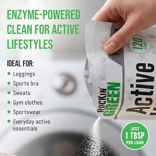 Rockin' Green Active Wear Laundry Detergent Powder & Odor Eliminator for Sportswear & Workout Clothes, Plant-Based Enzymes Target Sweat & Odor, Dermatologist Tested, Unscented, 120 Loads - size: 120 Loads