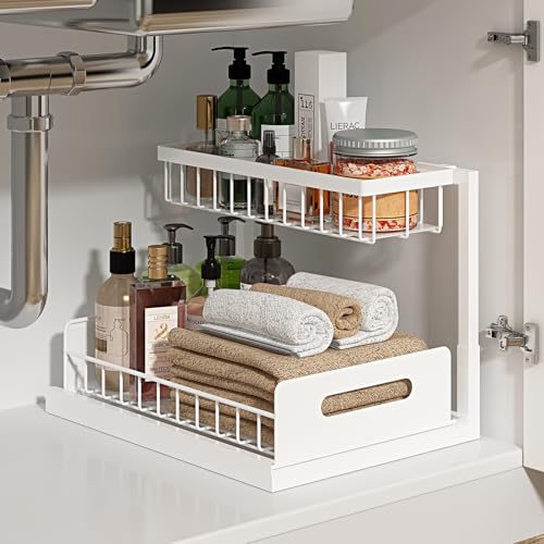 REALINN Under Sink Organizer, L-Shaped 2 Tier Pull Out Cabinet Organizer - color: White, size: 1 Pack