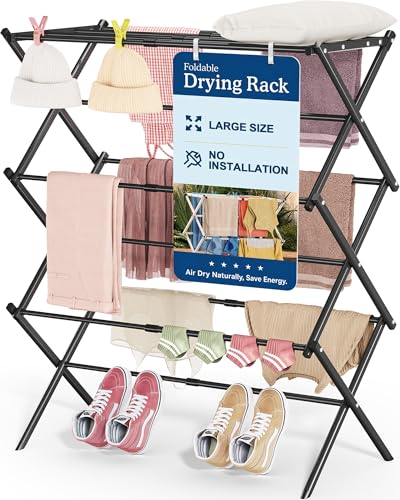 APEXCHASER Oversize 3-Tier Clothes Drying Rack, No Install, Black - color: Black