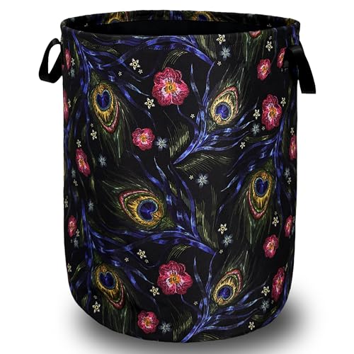 Peacock Feather Laundry Basket Foldable Oxford Cloth Hamper 18.9"x16.5" - color: Beautiful Peacock Feathers Print