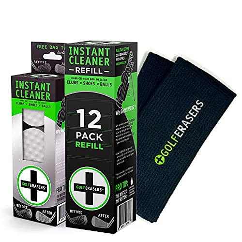 Instant Golf Eraser, Premium Dual-Sided Sponge - Golf Club Cleaner, Golf Ball Cleaner, Golf Club Groove Cleaner 6-Pack with Tether, 12-Pack Refill, Premium Embroidered Golf Towel with Clip - color: Golf Bundle