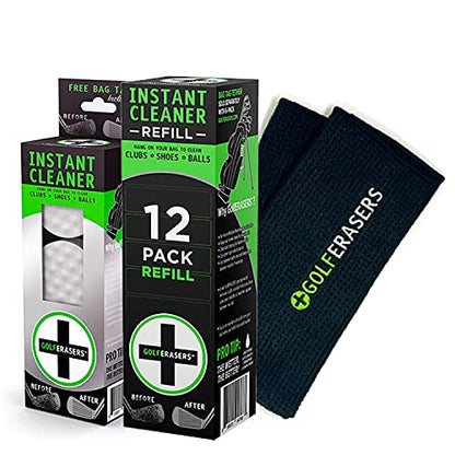 Instant Golf Eraser, Premium Dual-Sided Sponge - Golf Club Cleaner, Golf Ball Cleaner, Golf Club Groove Cleaner 6-Pack with Tether, 12-Pack Refill, Premium Embroidered Golf Towel with Clip - color: Golf Bundle