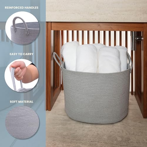 OrganiHaus Round Toy Basket & Blanket Basket, Cotton Rope 20x13" - color: Full Gray, size: Wide