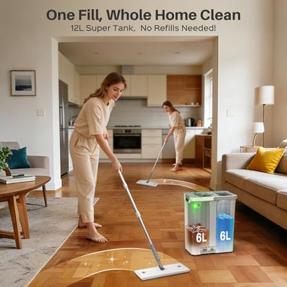 Mop and Bucket Set, Flat Mop and Bucket System for Floor Cleaning - size: mop bucket set+6 pads+12L tank