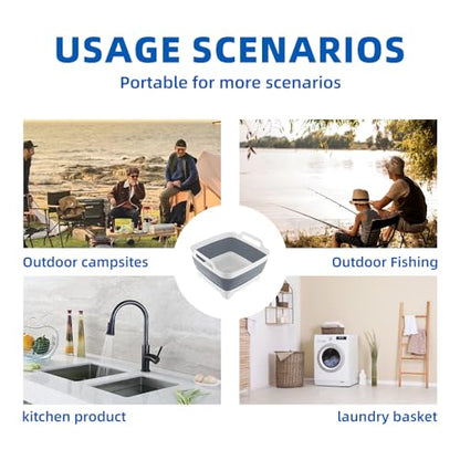 THANSTAR Collapsible Wash Basin, 9L/2.4Gal Foldable Sink with Drain Plug, 2-in-1 Dish Drying Rack & Storage Bucket, Portable Washing Bin for Kitchen/Camping/RV, BPA Free PP, Space-Saving Design, Gray