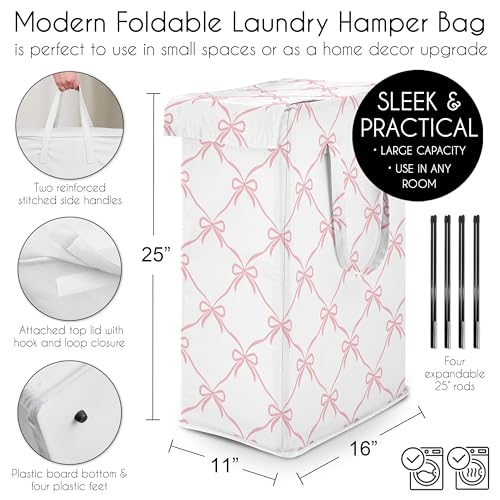 Sweet Jojo Designs Laundry Hamper (Pink Bows) for Girls, Foldable Dirty Clothes Basket with Handles for Baby Nursery, Kids Bedroom, Teen Bathroom (Elegant Bow for Ballerina Dancer, Ballet Collection) - color: Pink Bow