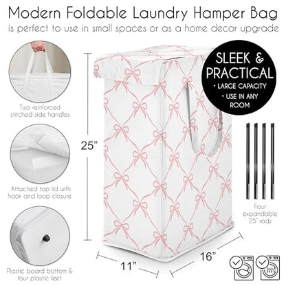 Sweet Jojo Designs Laundry Hamper (Pink Bows) for Girls, Foldable Dirty Clothes Basket with Handles for Baby Nursery, Kids Bedroom, Teen Bathroom (Elegant Bow for Ballerina Dancer, Ballet Collection) - color: Pink Bow