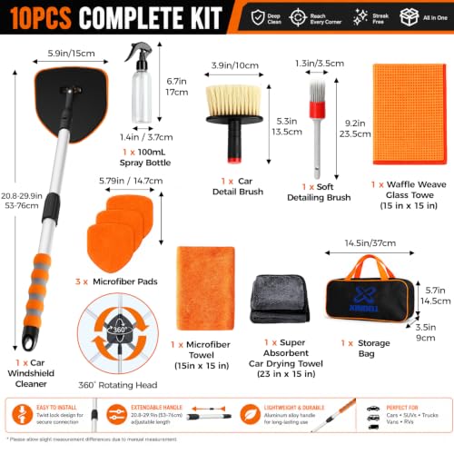 XINDELL Interior Windshield Cleaner Tool, Extendable Car Window Cleaning Kit with 360° Rotating Head