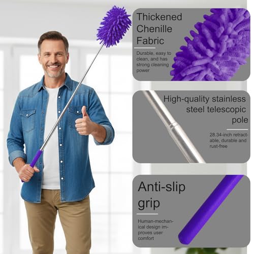 Microfiber Feather Duster with 29 in Telescoping Pole and Bendable Head for Ceiling Fans, Ceilings, Blinds, Furniture and Cars, Purple - color: Purple