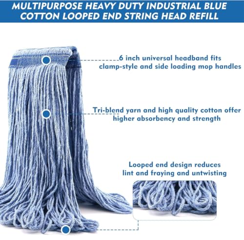 24 oz Loop-End Cotton String Mop Head, Heavy Duty String Mop Refills, 6 Inch Headband, Mop Head Replacement for Home, Industrial and Commercial Use (blue-6pc) - color: Blue-6pc