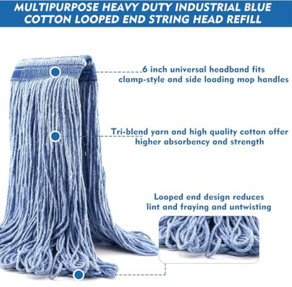 24 oz Loop-End Cotton String Mop Head, Heavy Duty String Mop Refills, 6 Inch Headband, Mop Head Replacement for Home, Industrial and Commercial Use (blue-6pc) - color: Blue-6pc