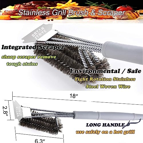 Grill Brush and Scraper-Best BBQ Brush for Grill Outdoor, 18" Stainless Steel with Wire Bristles 3 in 1 Bristles Grill Cleaning Brush - Gifts for Grilling Enthusiasts & Men Dad - color: Gray