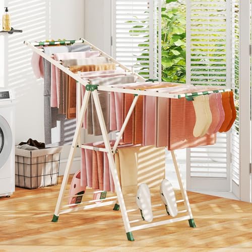 GIANTEX Foldable Metal Clothes Drying Rack, 64" Height Adjustable Wings - color: Beige, size: 64"L x 39"-62"H