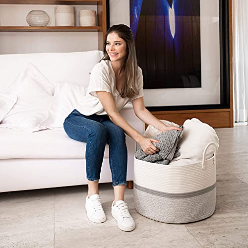 OrganiHaus Round Toy Basket & Blanket Basket, Cotton Rope 20x13" - color: Striped Gray, size: Wide