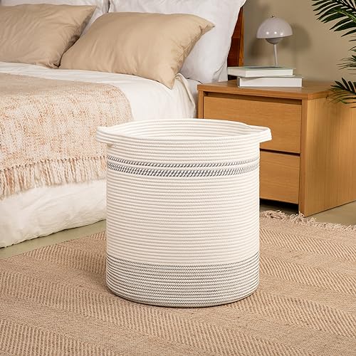 OIAHOMY 80L Laundry Basket, Laundry Hamper, Cotton Rope Storage Basket with Handles, Decorative Woven Basket for Living Room,Storage Baskets for Clothes, Blankets, and Toys -20''×18'', White&Gray - color: Light Grey, size: 18*18*20in