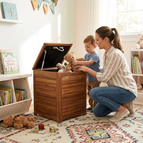 Laundry Hamper & Basket with Lid, Handles, Acacia Wood, Brown, 90L, 23.5 lb