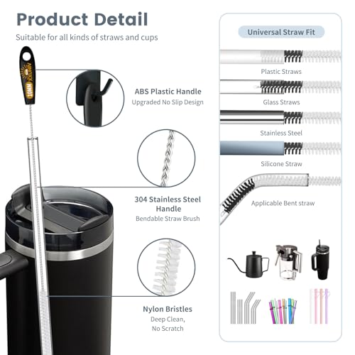 15 Inch Extra Long Black Straw Cleaner Brush Set,5PCS for 20-40oz Stanley - color: Black