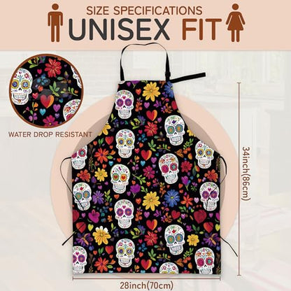 Cooking Aprons for Men and Women,Adjustable Bib Chef Apron with 2 Pockets, Soft and Durability Kitchen Apron - color: Mexican Skull Sugar Skull Day of the Dead