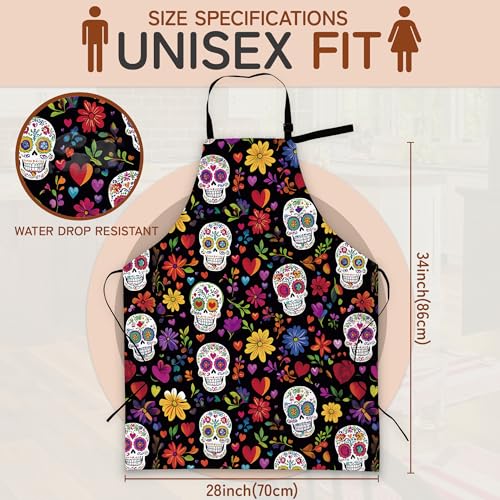 Cooking Aprons for Men and Women,Adjustable Bib Chef Apron with 2 Pockets, Soft and Durability Kitchen Apron - color: Mexican Skull Sugar Skull Day of the Dead