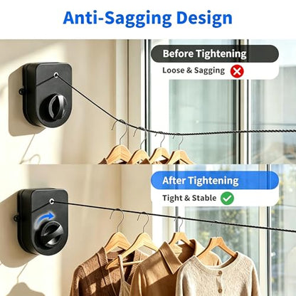 Retractable Clothesline Indoor, Non-Sagging Outdoor Clothes Line Retracting Heavy Duty Clothes Drying Laundry Line Wall Mounted Stainless Steel Line-15.8 (Black) - color: Black