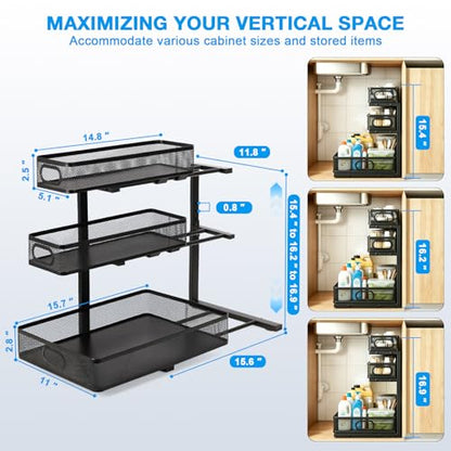 Thickened Meta 3-Tier Pull Out Under Sink Organizer 2 Pack - color: black 3-tier Under Sink Organizer-2p