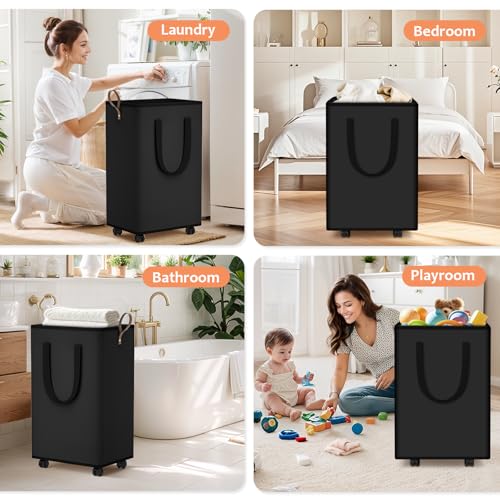 SpaceTrove Rolling Laundry Basket with Wheels, Laundry Hamper, 80L, Black - color: Black, size: 80L
