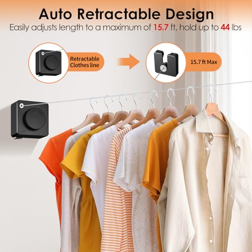 Yejay Retractable Clothesline Indoor, Non-Sagging Clothes Line Retracting Outdoors,Wall Mounted Heavy Duty Clothes Drying Line, Space-Saving Laundry Line for Balcony, Bathroom - 15.7Ft (Black) - color: Black