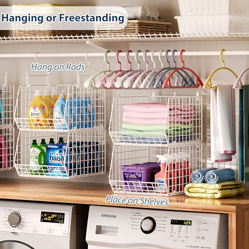 6 Tier Extended Depth Hanging Closet Organizer, Closet Storage Hanging Shelves with Hanging Hooks for Clothes Sweaters Towels Handbags, Stackable Metal Mesh Bins For Closet, Laundry, Bathroom, Dorm - color: White, size: 6-Tier