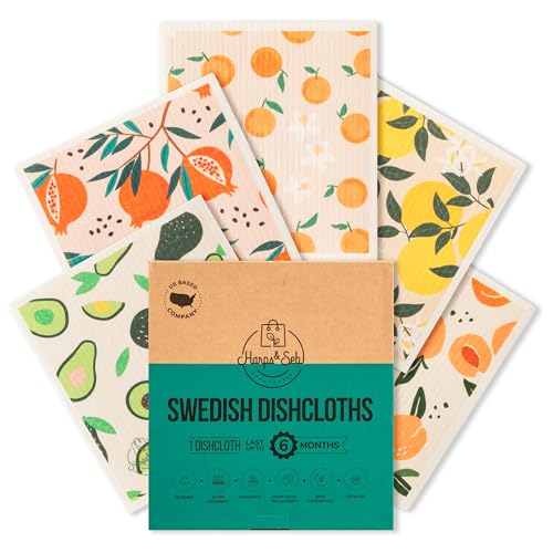 Harps&Seb Swedish Dishcloths for Kitchen Dish Towels - 5 Pack, Non-Scratch Reusable Paper Towels, Super Absorbent Washable Swedish Dish Cloths, No Odor, Biodegradable, Fruit Design - color: Lemon Kiss, style: 5 Pack