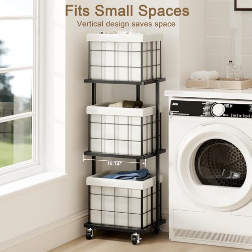 120L Vertical Laundry Sorter,3 Tier Metal Rolling Laundry Basket - color: White, size: 3 Tier