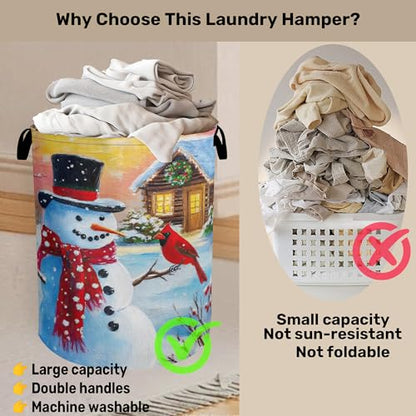 Snowman Cardinal Large Clothes Hamper Bag - Laundry Basket with Handles, Space Saving Foldable Design for Nursery - color: Snowman Cardinal
